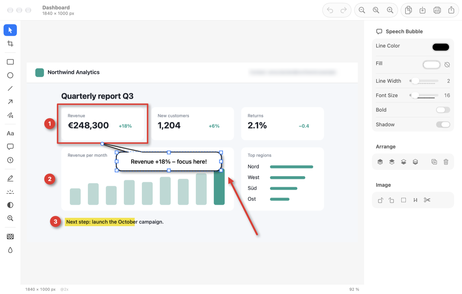 The ScreenShotty editor with an annotated dashboard: red frame, arrow, speech bubble, numbered steps, text marker and a blurred email address.