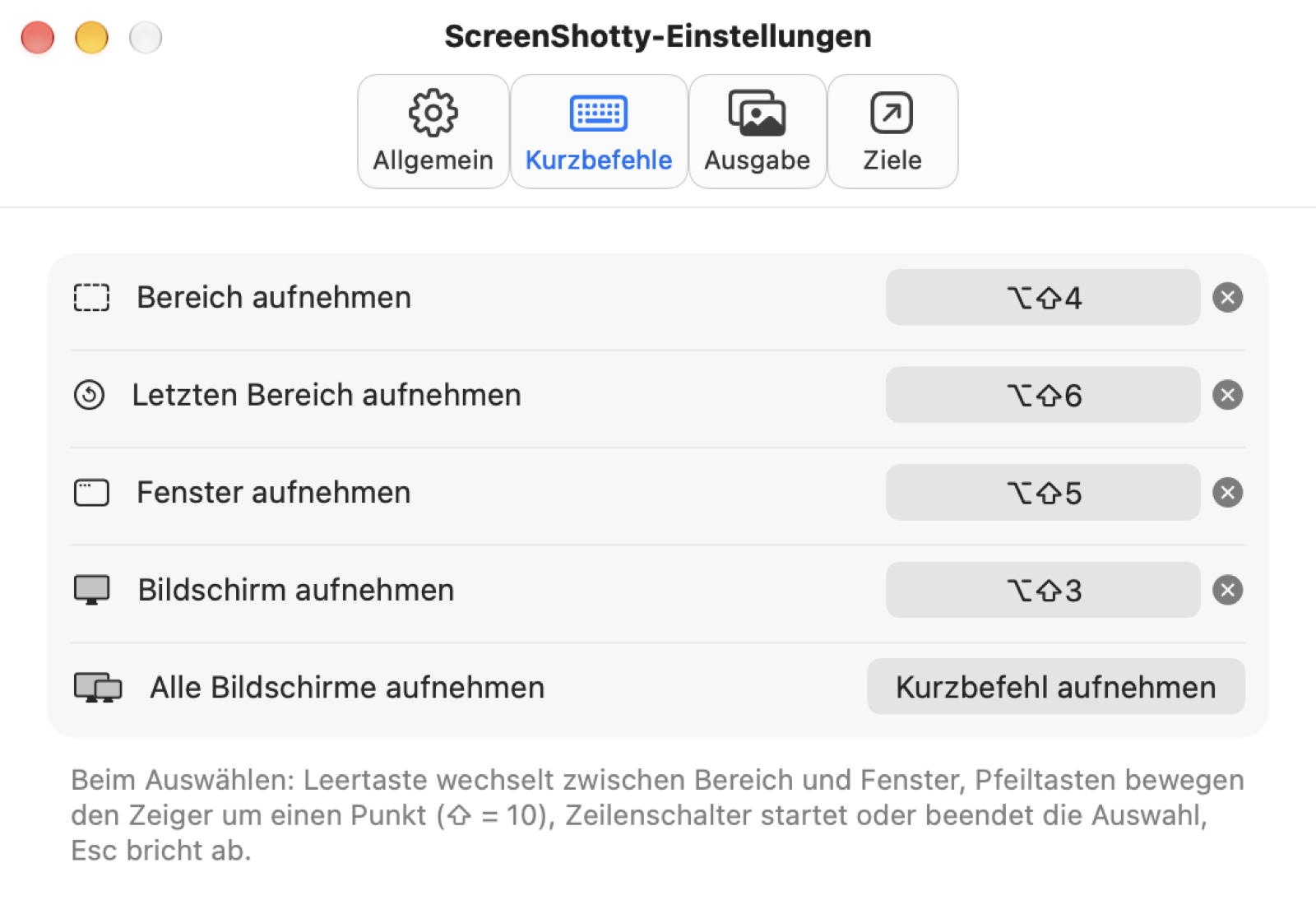Die Kurzbefehl-Einstellungen von ScreenShotty.