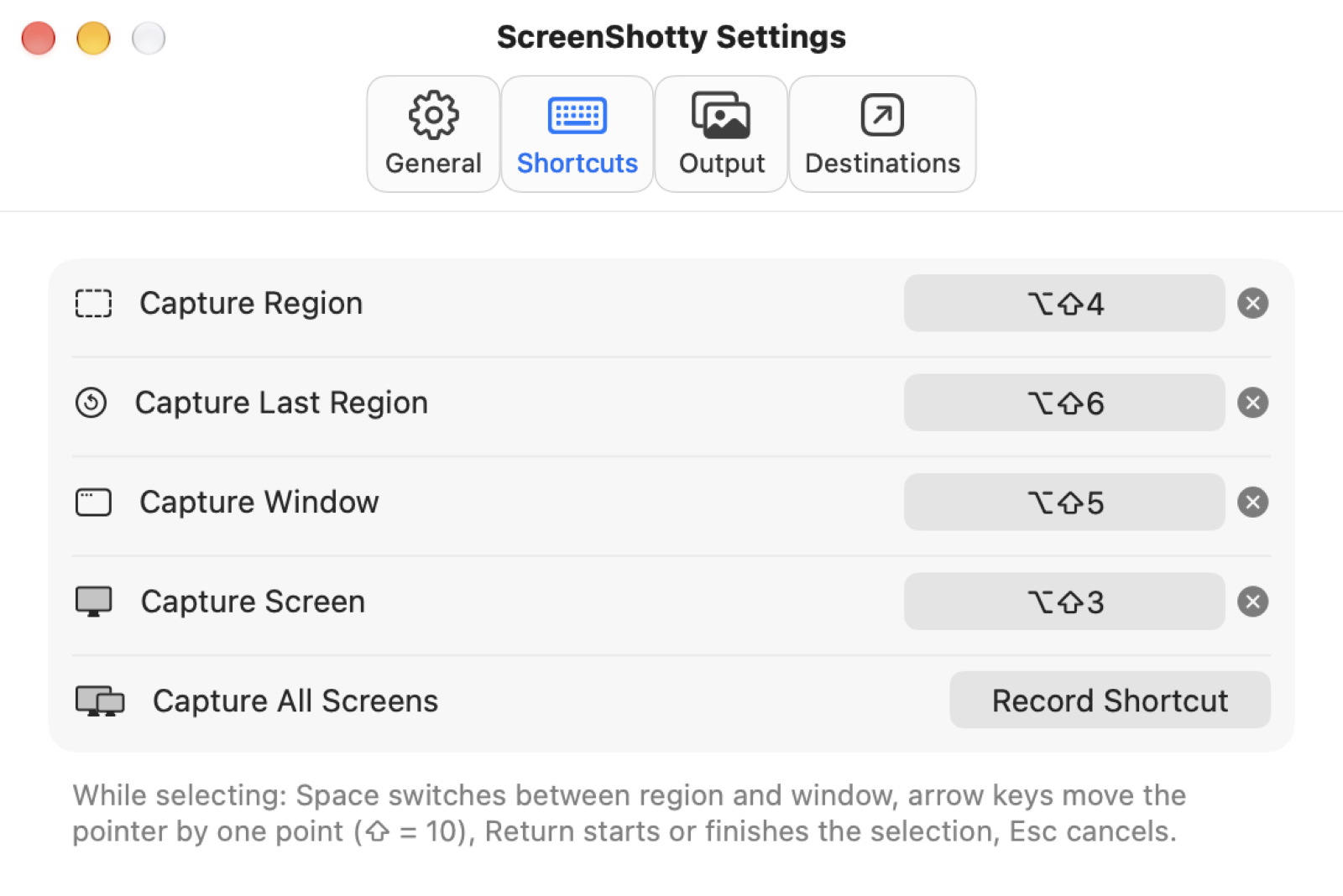 The ScreenShotty shortcut settings.